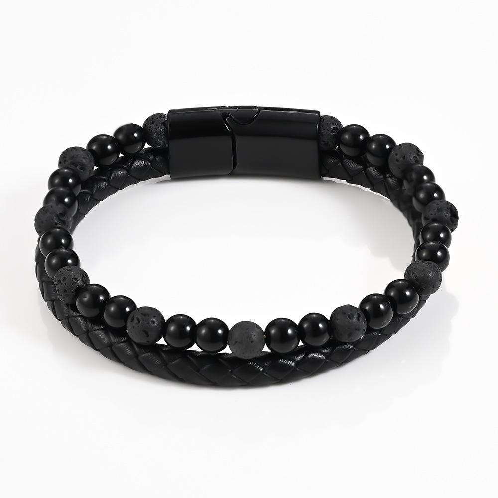 

Мужской плетеный браслет из натуральной кожи и вулканического камня