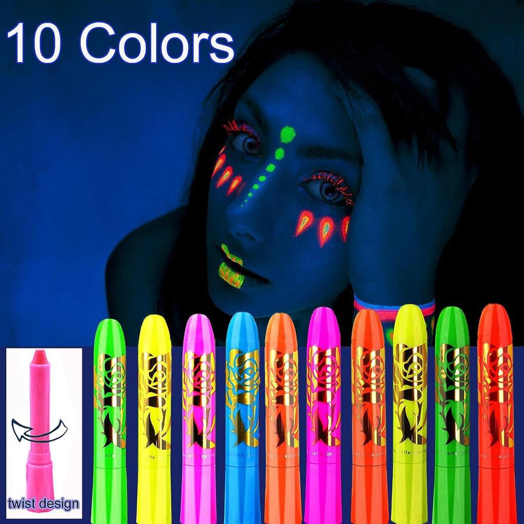 10-Color UV Face Paint Set for DIY Halloween & Cosplay – Washable, Luminous Crayons for Events and Parties
