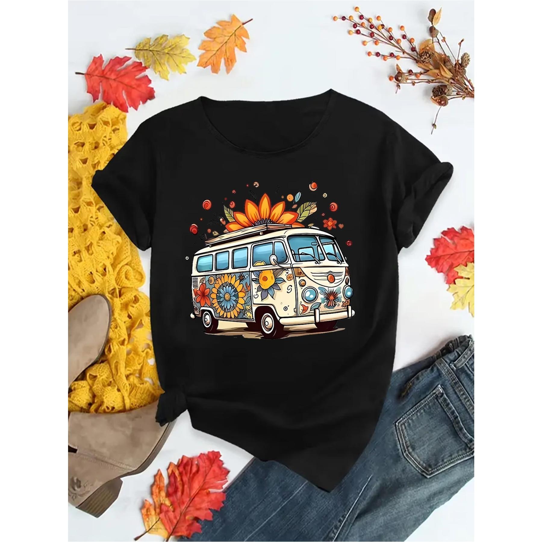 

Футболка с принтом фургона, Спортивная футболка с круглым вырезом и короткими рукавами, Удобный топ для женщин S чёрный