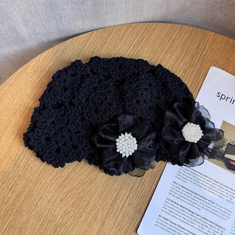 

Knit Hat With Pearl Flower Lace For Women Summer Spring Autumn Breathable Cotton чорний
