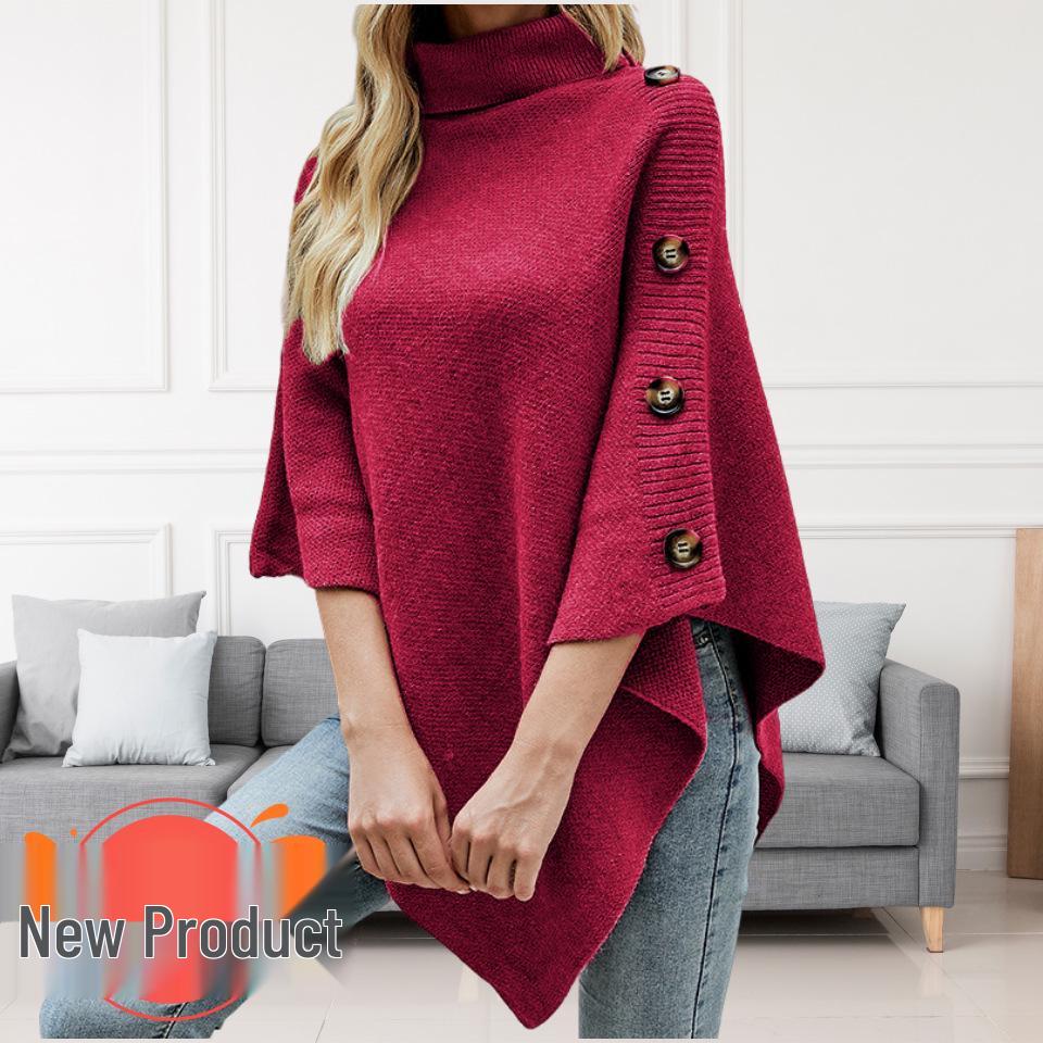 Evropský a americký pletený kardigan s vysokým límcem, jednobarevný šál, pončo s rozparky pro ženy