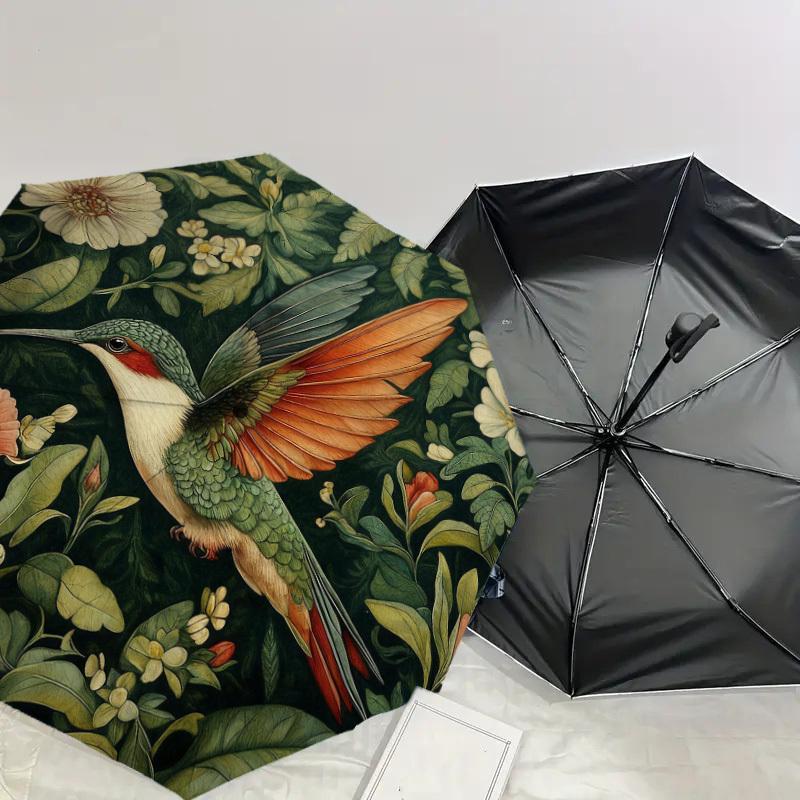 1pc Hummingbird Floral Automatic Folding Umbrella, Heavy Duty 8 Rib Iron Frame,  Suitable for Travel, Daily Use, Birthday, Decor Gift M0104069