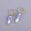 Vintage Geometric Natural Stones Ethnic Chinese Style Blue Flower Ceramic Heart Beads Stainless Steel Round Hoop Earrings