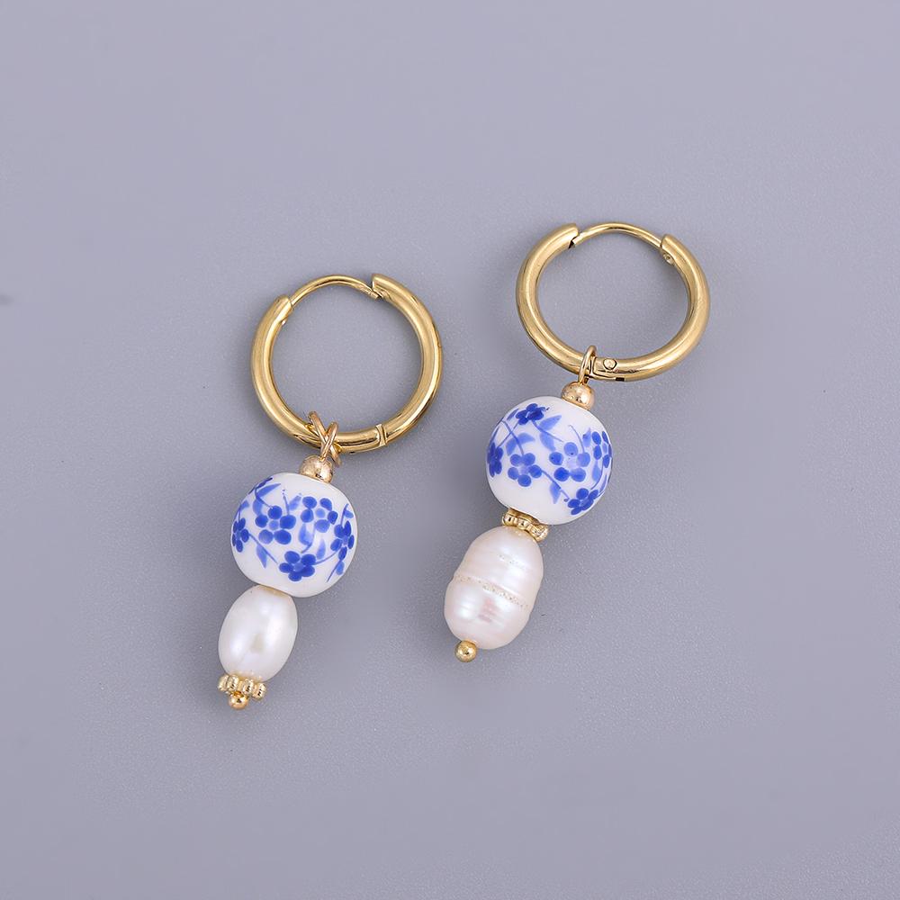 Vintage Geometric Natural Stones Ethnic Chinese Style Blue Flower Ceramic Heart Beads Stainless Steel Round Hoop Earrings