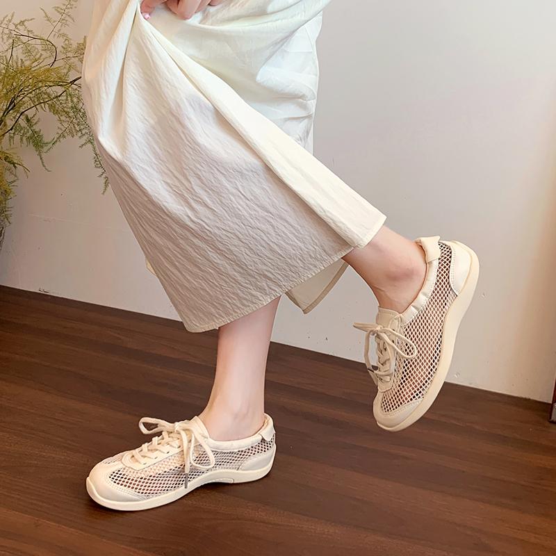 Fashion Flat Ballet Mesh Single Shoes Summer New Round Toe Spliced Front Lace-Up Lightweight Versatile Breathable Sneakers