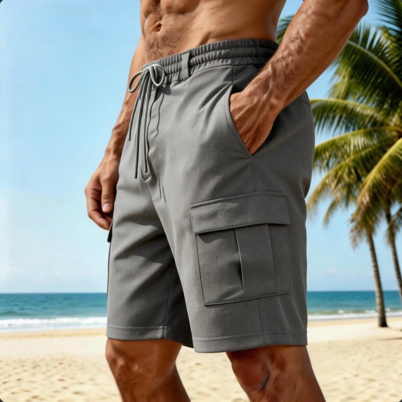 Men's Solid Color Drawstring Elastic Waist Cargo Beach Shorts.