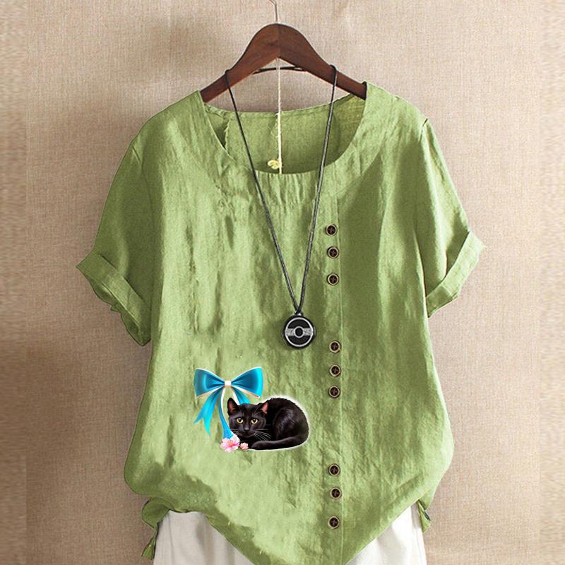 

Женская новая модная льняная рубашка с круглым вырезом и коротким рукавом, милая футболка с принтом черного кота, летняя женская повседневная блузка больших размеров, топы 5XL зелёный