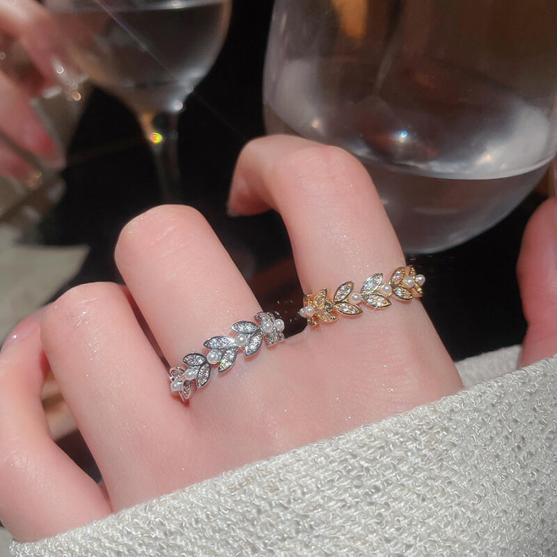 Light Luxury Zircon Wheat Shaped Opening Rings for Women Men New Trendy Imitation Pearls Finger Rings Birthday Jewelry Gifts