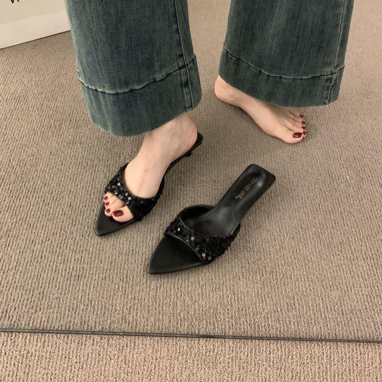 French Temperament Sequins with Open-toed Pointed Slippers for Women's Summer Wear 2025 New Kitten and Cool Slippers