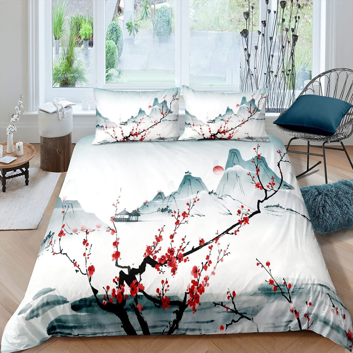 

Comforter Plum Blossom Flower Floral Comforter For Kids Teens Women Butterfly Branches Ink Style Warm And Comfortable Comforter (quilt)-EU Single(135*200cm)3pcs