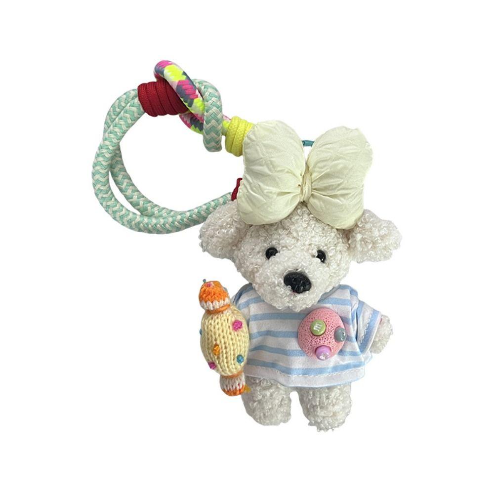 Striped Top Cartoon Dopamine Dog Keychain Stuffed Fluffy Car Key Ring  Small Gifts