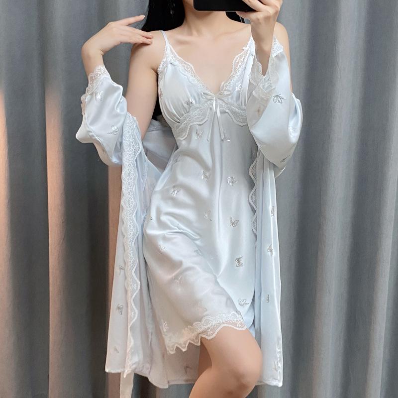 Women's Ice Silk Pajamas: Sexy Lace-Trim Nightgown with Silver Butterfly Robe & Chest Pads