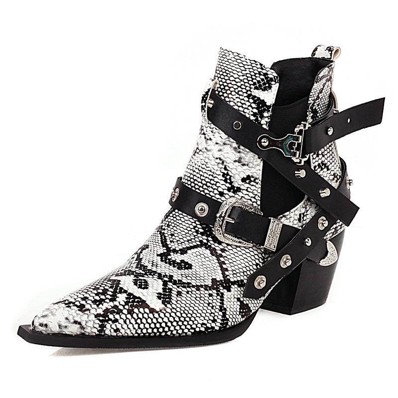 Fashion 40-45 Plus Size Sexy Snake Pattern Stretch Riding Botas High Heels Chelsea Bottes Pointed Toe Belt Buckle Ankle Boots Women 2025