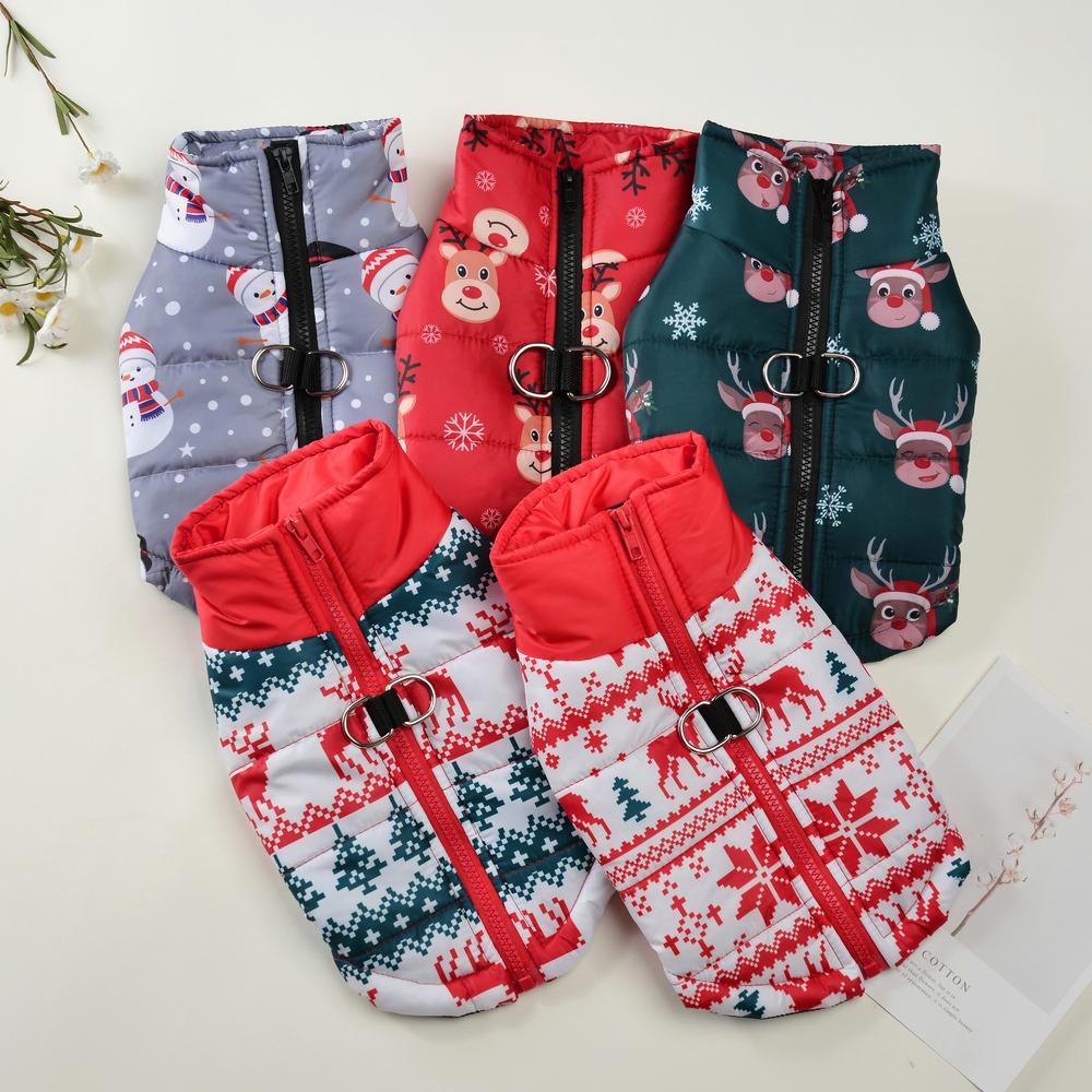 Winter Pet Clothes Cute Holiday Costume Christmas Deer Snowman Print Puppy Coat With D-ring For Small Medium Dog Cats Yorkshire