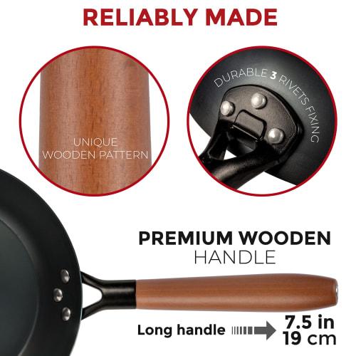 YOSUKATA 10 1/4-inch Carbon Steel Frying Pan ? Non-Toxic Pre-Seasoned Skillet with Removable Wooden Handle ? Coating-Free Wok-Style Pan for Gas, Induc