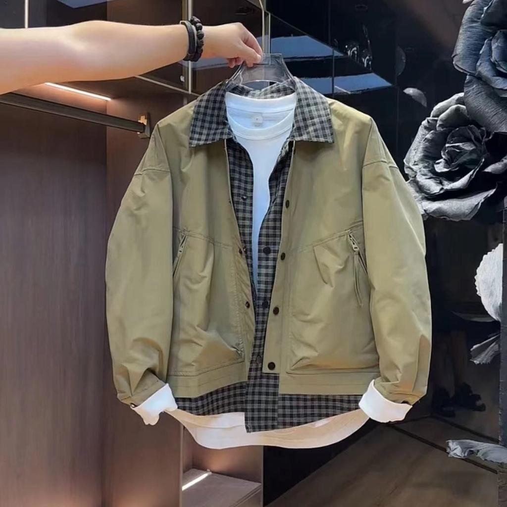 Fake Two-piece Tooling Lapel Plaid Collar Jacket Men's Autumn Korean Version Trendy Top Youth Ruffian Handsome Casual Jacket