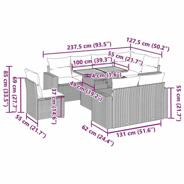 VidaXL Garden Lounge Set 9 Pcs with Grey Cushions Wicker, Outdoor Sofa Set, Corner Sofa Set 3327057