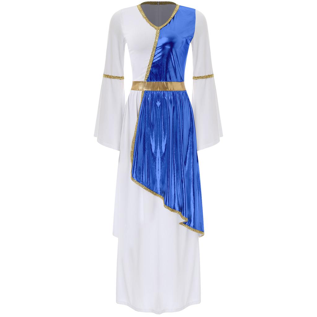 Damen Römische Griechische Schönheit Toga Kleid V-Ausschnitt Trompetenärmel Metallisch Glänzendes Overlay Goldene Borte Robe Halloween Kostüm