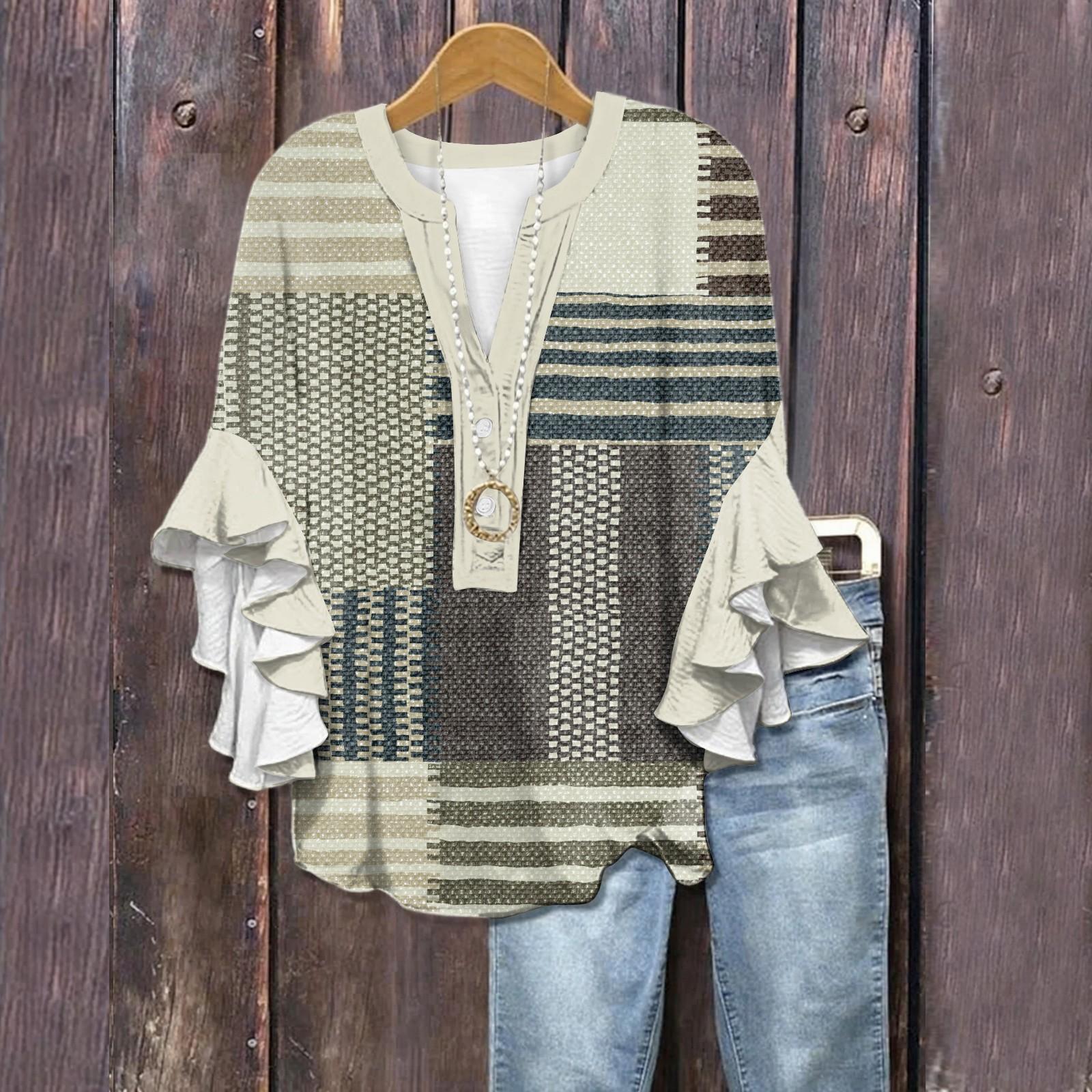 

Летние топы для женщин Милые блузки с V-образным вырезом и рукавом 3/4 Принтованный топ Повседневные рубашки M бежевый