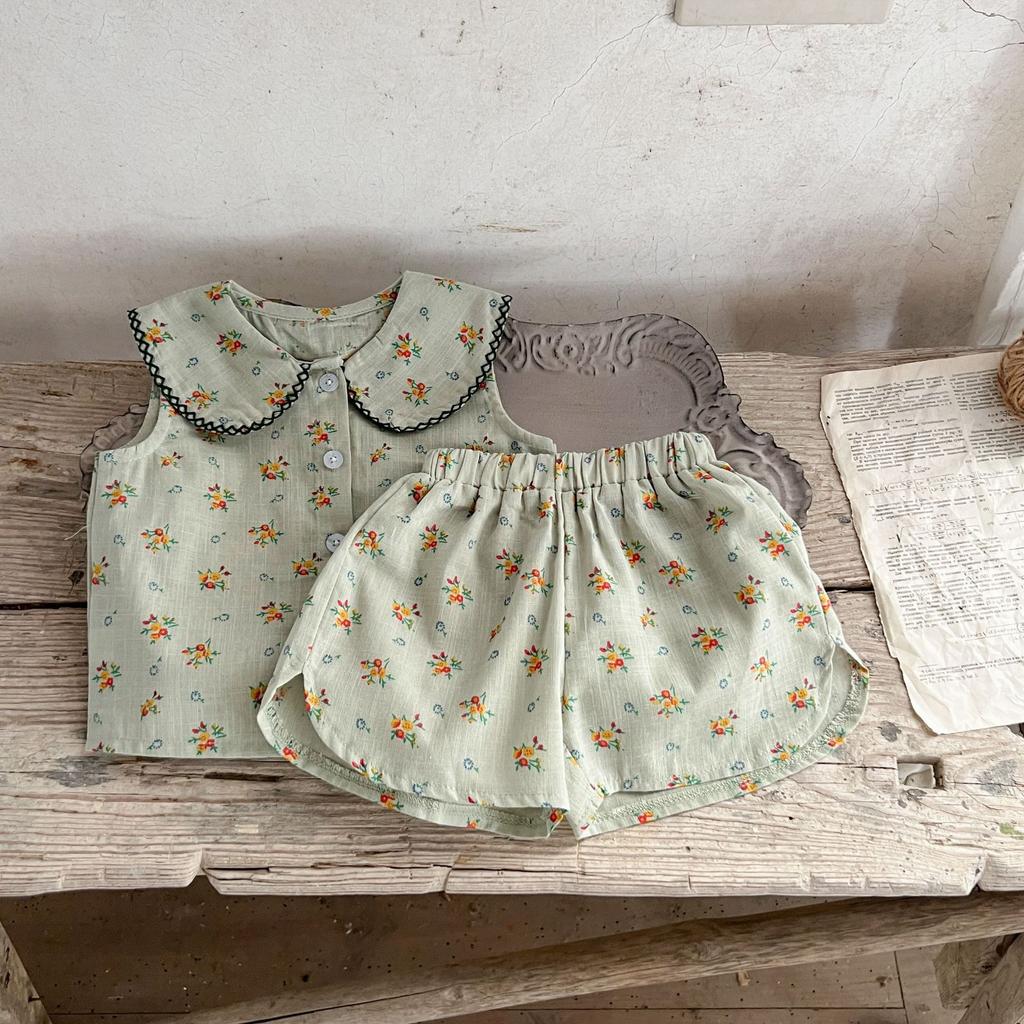 New Korean Version Girl Baby Pure Cotton Floral Doll Collar Cardigan Shirt Loose Bread Shorts Set
