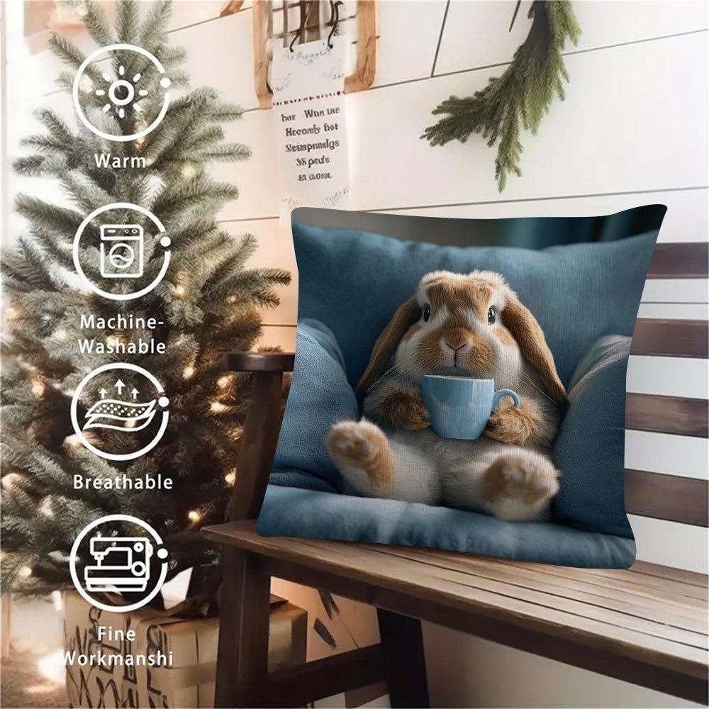 Cute Rabbit Coffee Mug Pillow Cover Home Decor Perfect For Living Room Bedroom Ideal Gift For Polyester Soft Fabric