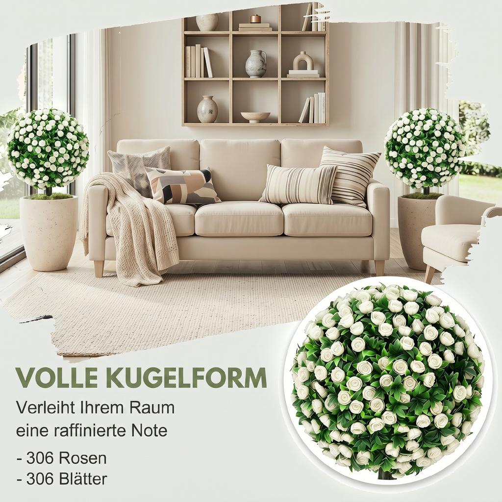 Artificial Rose Topiary UV Resistant, 2-Pack Fake Plants, 55 Cm, White