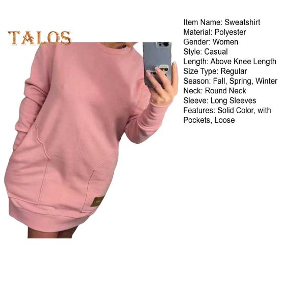 Damen-Sweatshirtkleid mit zwei Taschen, Rundhalsausschnitt, langen Ärmeln, einfarbig, lockeres Minikleid, Pullover, für den Alltag, lässiges kurzes Kleid