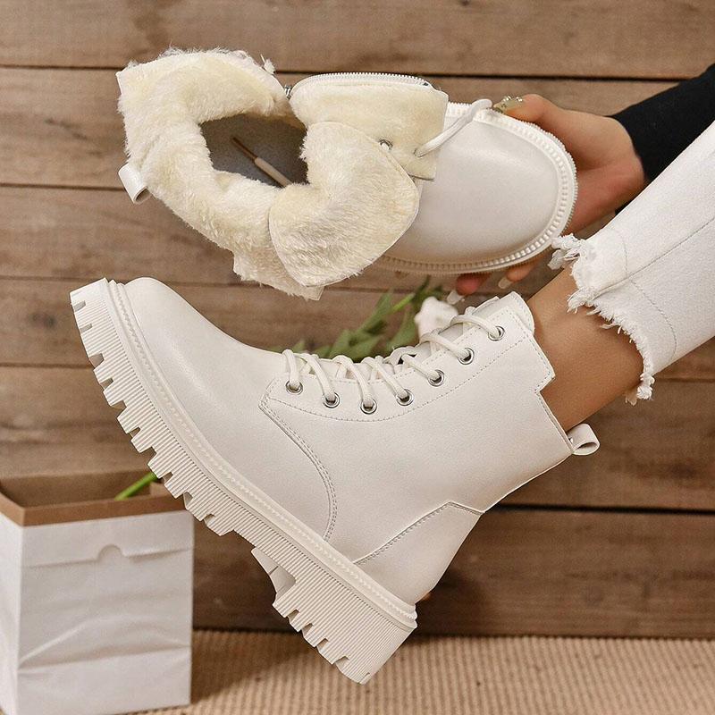 

Теплые мотоциклетные ботинки из искусственной кожи, женские зимние ботинки на шнуровке, нескользящие, плюшевые, женские, водонепроницаемые, на плоской подошве, хлопковые ботинки Mujer 35 бежевый