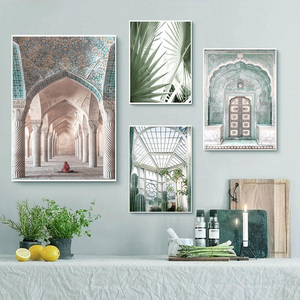 Green Leaves Cactus Mosque Morocco Door Posters Prints Canvas Painting Islamic Calligraphy Wall Art Pictures Living Room Decor