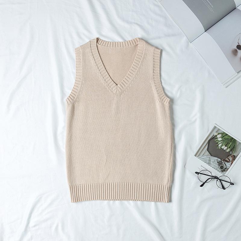 Women Knitting Vest V-Neck Sleeveless Ribbed Trim Solid Color Vest Tops Autumn Winter