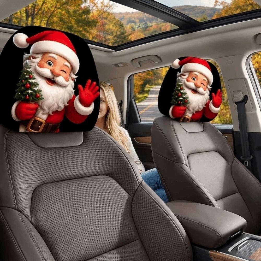 2PCS Cartoon Santa Claus Car Headrest Cover Elastic Headrest Cover Christmas Decoration