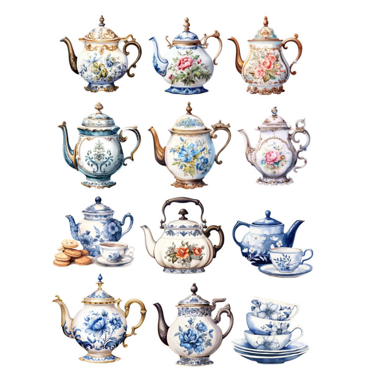 

Cute Watercolor Vintage European Floral Pattern Teapot and Teacup Stickers Retro, Waterproof Photo Album Stationery Clip Book білий