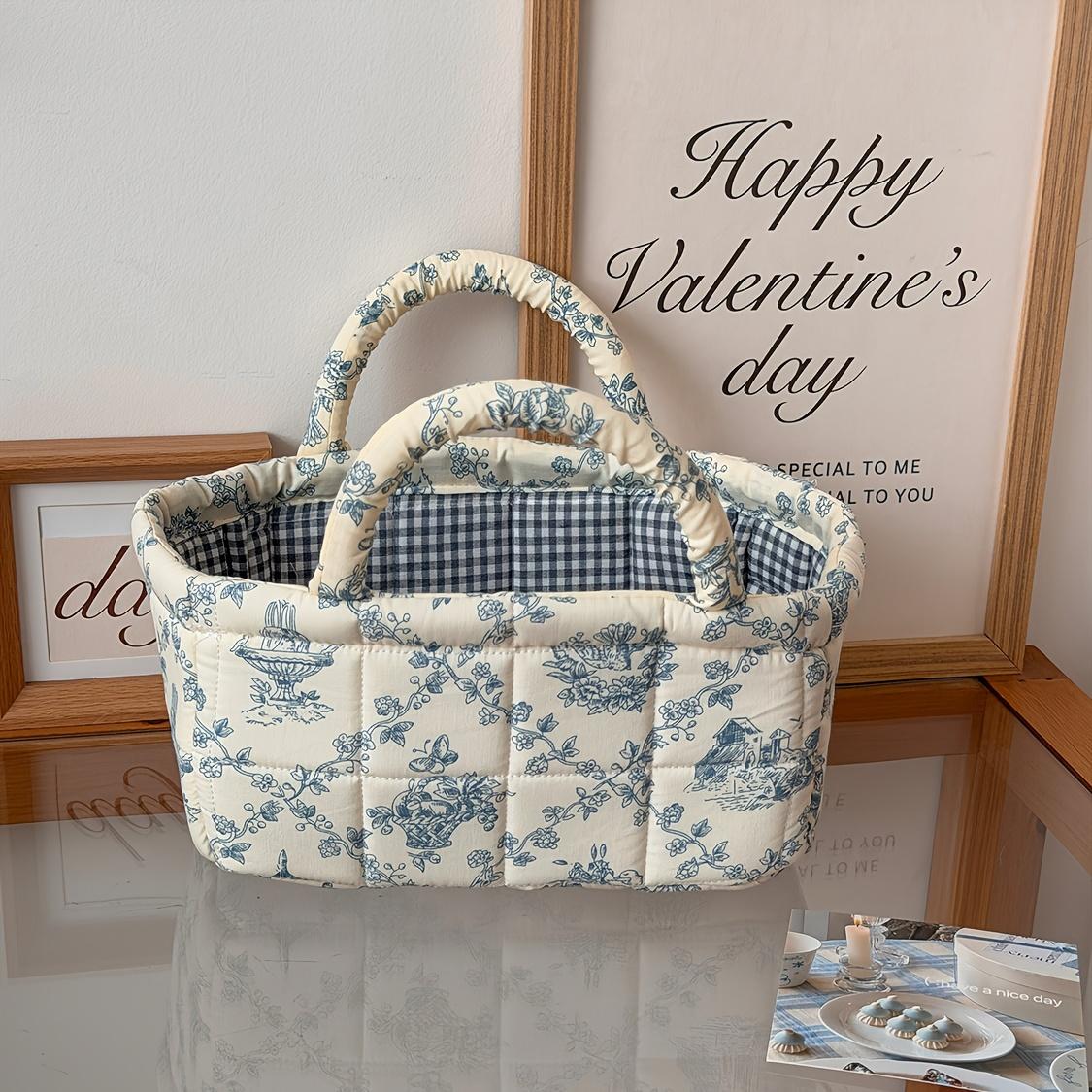 1 шт. Сине-белая цветочная корзина для хранения в деревенском стиле, Стеганая сумка-тоут с принтом французской лозы, Вместительная корзина-органайзер для мелочей, Дом Blue Flower [Small Size]