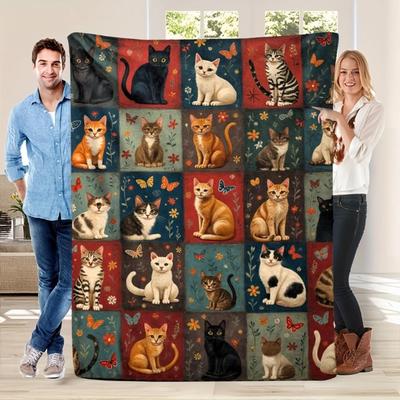 Wygodny flanelowy patchworkowy koc z nadrukiem kota i kwiatowego tygrysa - Koc na sofę, łóżko, do podróży na każdą porę roku - Kolorowy retro koc