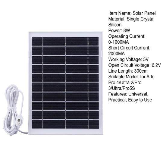 Solar Panel 8W High-Efficiency Output IP65 Waterproof Single Crystal Silicon Security Camera Solar Panel for Arlo Pro 4/Ultra 2/Pro 3/Ultra/Pro5S