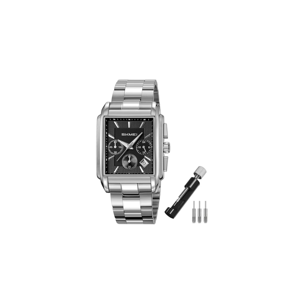 SKMEI Square Analog Men s Watch Stainless Steel Waterproof Business Casual Chronograph Silver Black