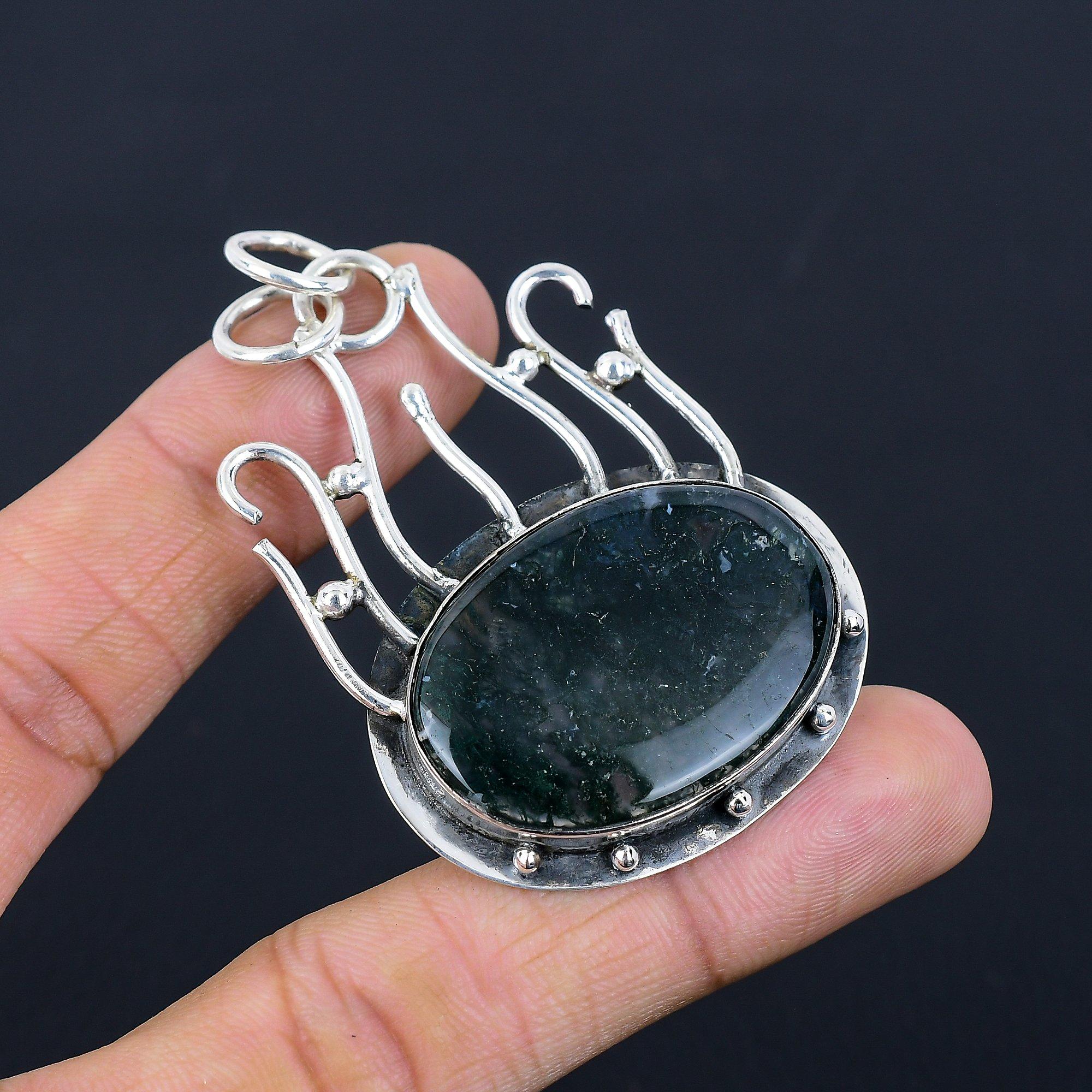 Sterling Silver Oval Solar Moss Agate Gemstone Anniversary Boho New Wife Pendant