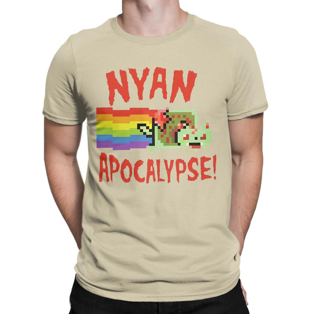 Nyans Apocalypse T Shirt Mens Cotton Vintage TShirts Crewneck Meme Cat Tee Shirt Short Sleeve Tops Plus Size