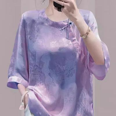 2025 Summer New Niche Chic Purple Button Short-sleeved Shirt Women's Loose and Thin High-end Top
