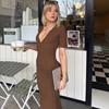 American Simple Style V-neck Breasted Waist and Thin Knitted Skirt Women's High Waist Low Chest Sexy Hip-wrapped Dress