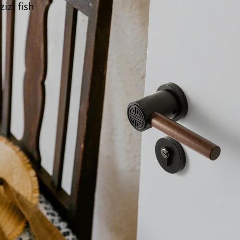 Metal Safety Door Lock Walnut Wood Handle Retro Bedroom Silent Locks Universal Split Locks Indoor Magnetic Lock Door Hardware