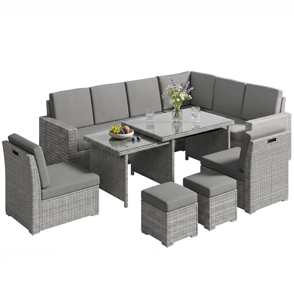 Seven-Piece Rattan Garden Sofa Set, with Expanding Table - Light Grey