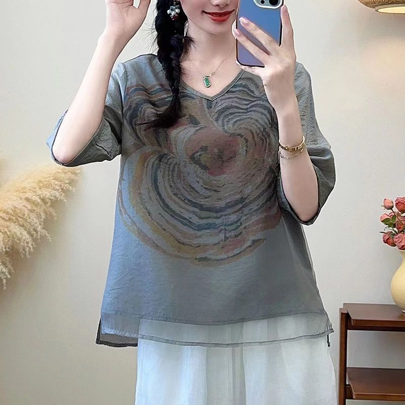 Women Casual V-neck 3/4 Sleeve Summer Print Blouse Tops