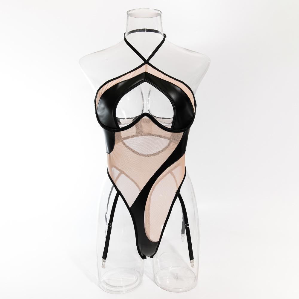 Olayna Sexy Mesh & PU Leather Halter Neck Peach Bodysuit