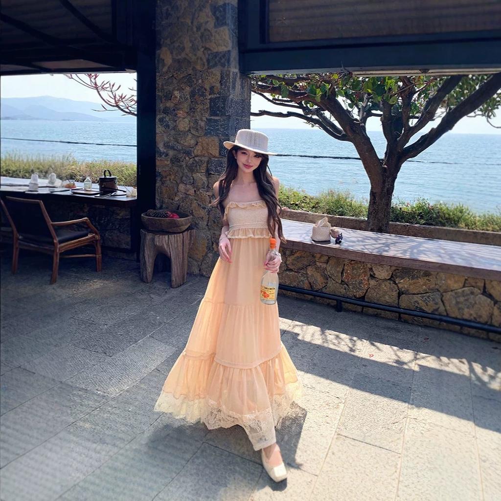French Bud Pearl Chiffon Hazy Fairy Lace Neckline Suspender Lace Dress