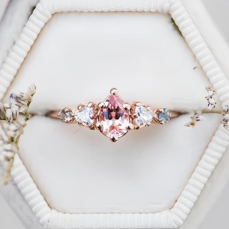 European and American New Fashion Flower Shape Pink Zircon Inlaid Personality Fresh and Versatile Women's Ring