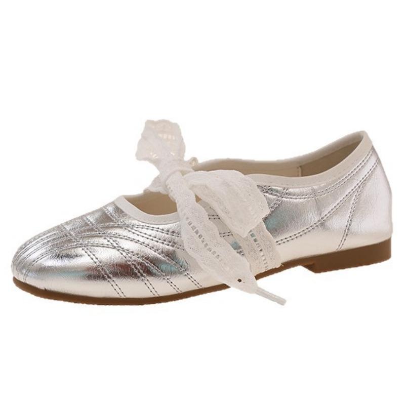 Silver Ballet Style Round Head Inner Height Increase Flat Bottom Shallow Mouth Single Shoes Women's Summer New Versatile Mary Jane Shoes