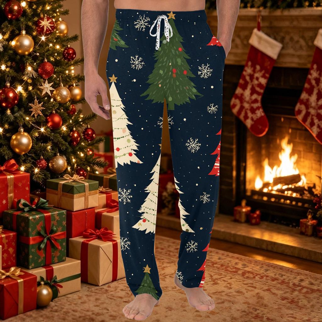 Men's Christmas Print Casual Pants, Plain Knit Color Pants with Pockets for Holiday and Everyday Wear