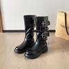 Cowhide Version~ Genuine Leather Thick-soled Medium Boots Women's Autumn Thick-heeled Knight Boots Belt Buckle Martin Boots Slim Motorcycle Boots