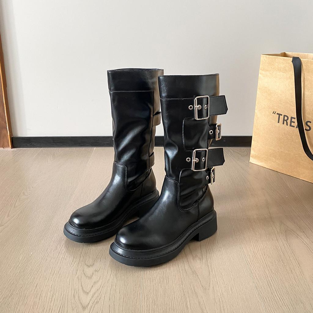 Cowhide version~ Genuine leather thick-soled medium boots women's autumn thick-heeled knight boots belt buckle Martin boots slim motorcycle boots